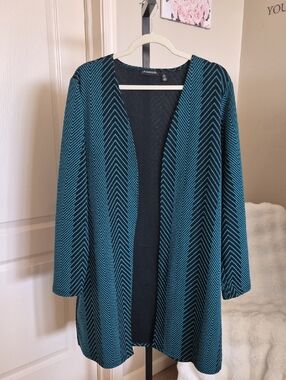 Notations Vintage Teal and Black Chevron Open-Front Cardigan Size XL